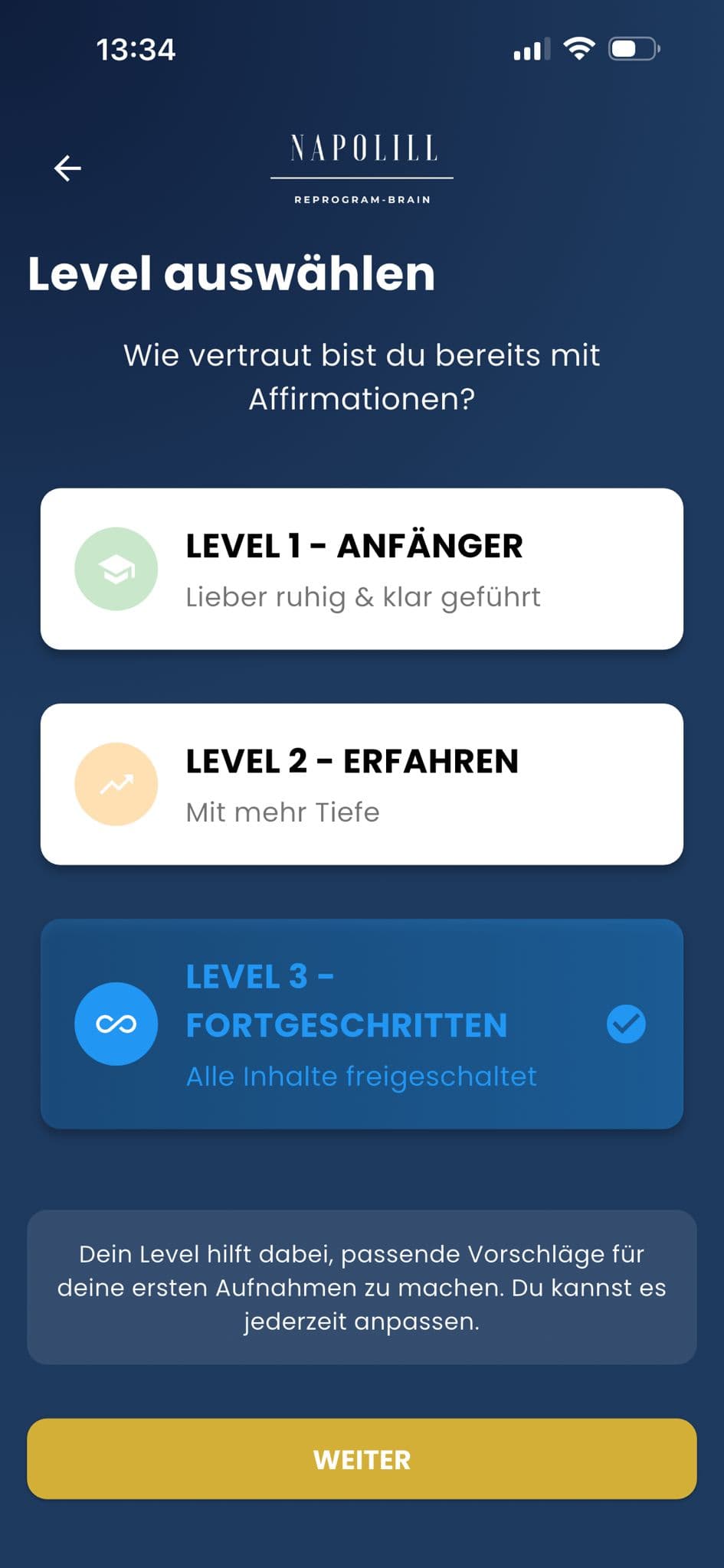 Choosing a level in the app