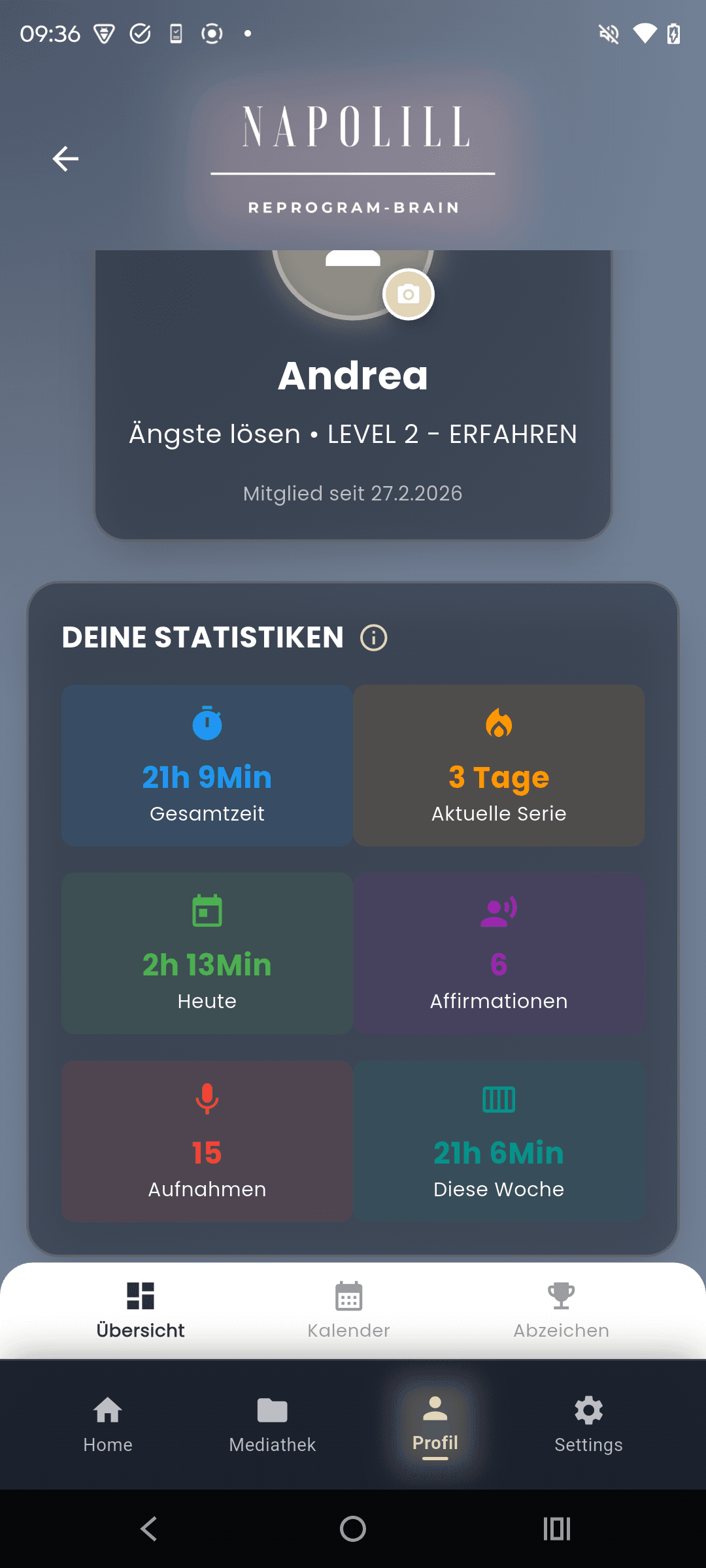 App-Startbildschirm mit Statistiken und Stimmung